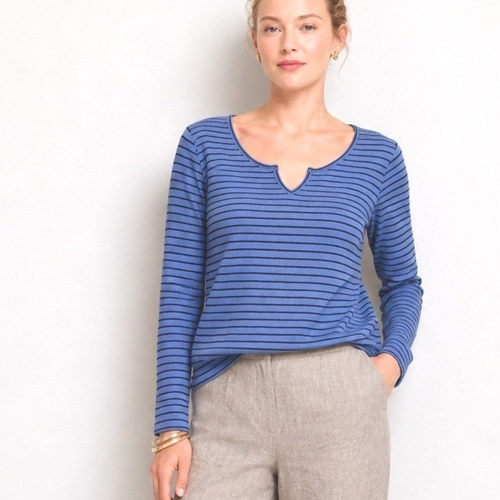 Lands End Ribbed Long Sleeve Blue Striped Notch Neck Top 1X